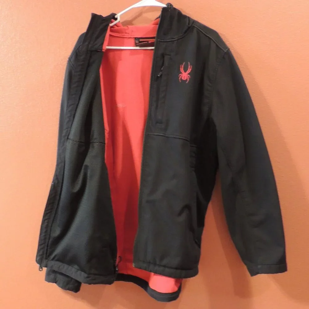 Spyder Jacket Men X Large Black Red Full Zip Pocket Spider Outdoor Hooded Jacket